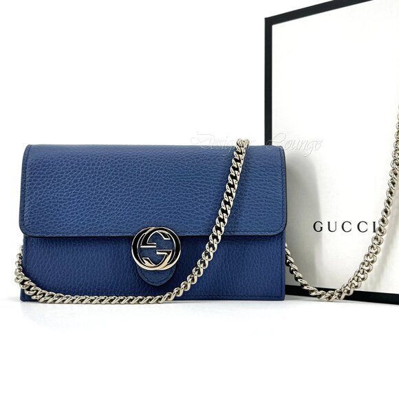 SOLD! NEW GUCCI Interlocking GG Blue Leather Crossbody Wallet On Chain Bag - Picture 4 of 15